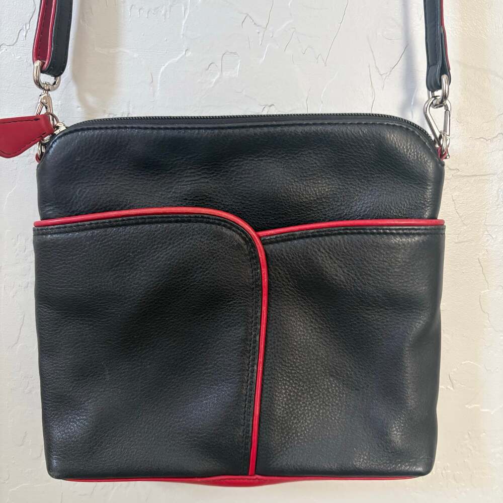 ili New York RFID Black Leather Crossbody Bag Red Trim Adjustable Strap